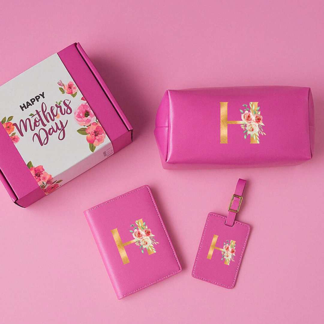 Mother’s Day Gift Box – Travel Combo Set for Mom (Passport Cover, Luggage Tag & Toiletry Bag in Pink PU Leather) - Floral Monogram