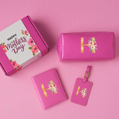 Mother’s Day Gift Box – Travel Combo Set for Mom (Passport Cover, Luggage Tag & Toiletry Bag in Pink PU Leather) - Floral Monogram
