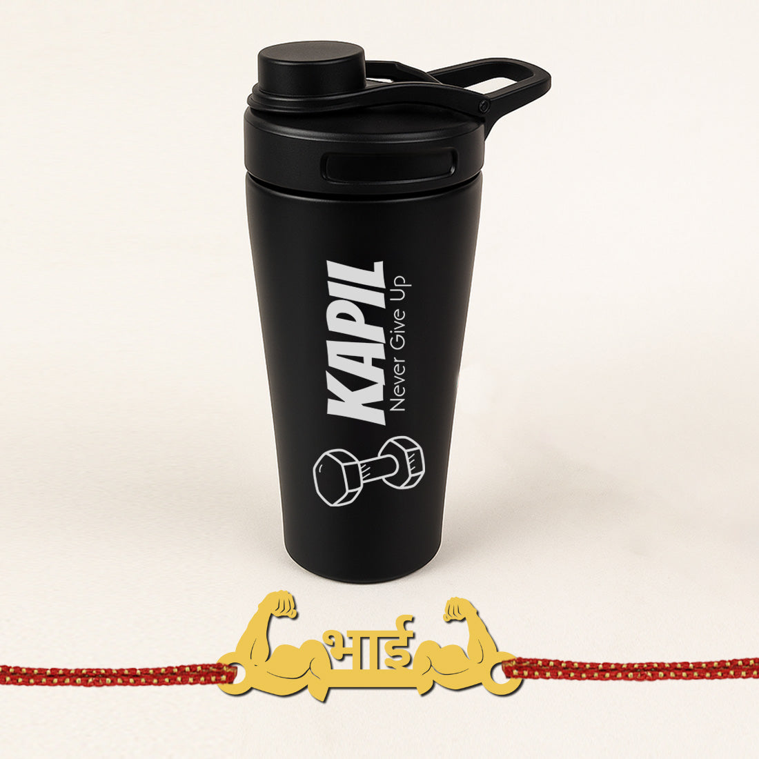 Personalized Gift for Brother - Golden Acrylic Rakhi, Gym Shaker & Water Bottle Rakhi Gift Set for Raksha Bandhan