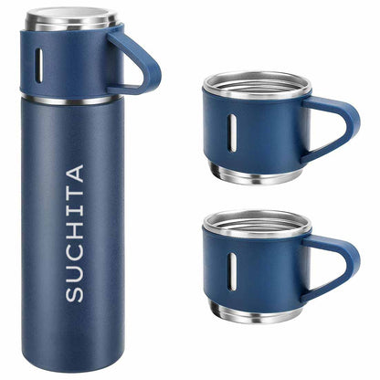 Personalised Travel Mug Thermos With 2 Cups Gift Box Set - Add Name