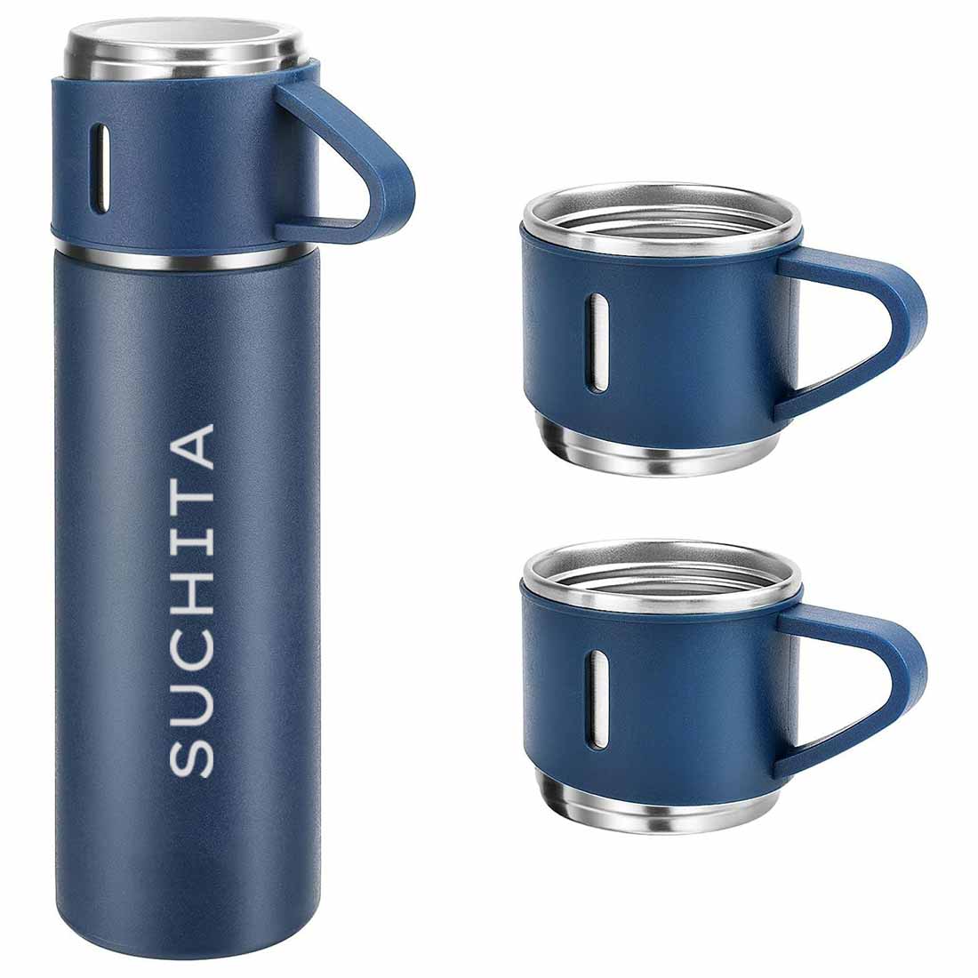 Personalised Travel Mug Thermos With 2 Cups Gift Box Set - Add Name - SET OF 2