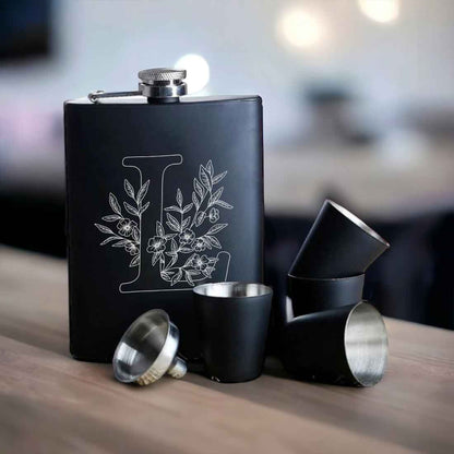 Custom Engraved Flask for Men With Funnel Anniversary Gift for Husband  - Leaf