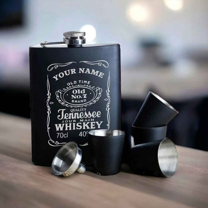 Custom Engraved Stainless Steel Hip Flask With Funnel 236 ML Black Matte   - Add name