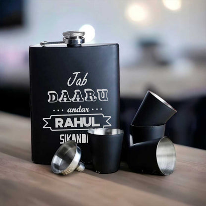 Customized Engraved Flask for Men Stainless Steel Hip Flasks  - Jab Daaru Andar