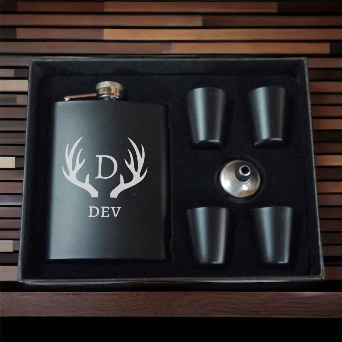 Personalized Whiskey Flask With Funnel And 4 Shot Glasses