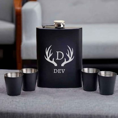 Personalized Whiskey Flask With Funnel And 4 Shot Glasses