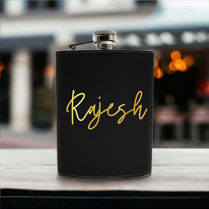 Black Personalized Leather Hip Flask With Name Stylish Alcohol Flasks For Men