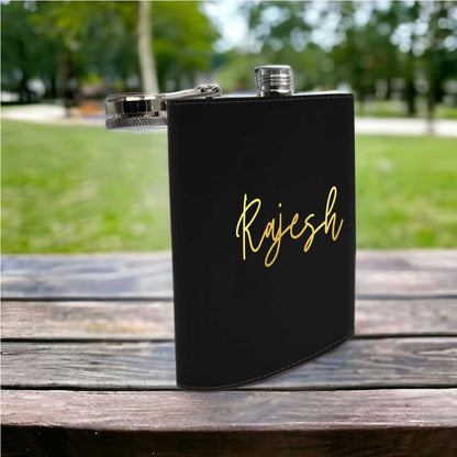 Black Personalized Leather Hip Flask With Name Stylish Alcohol Flasks For Men