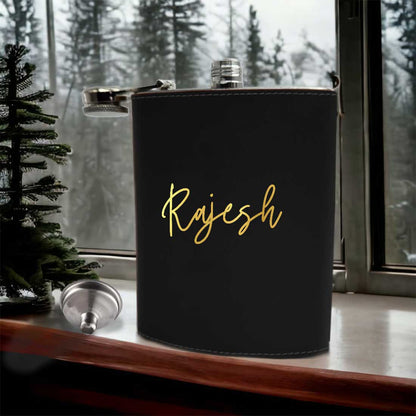 Black Personalized Leather Hip Flask With Name Stylish Alcohol Flasks For Men