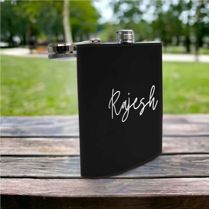 Black Personalized Leather Hip Flask With Name Stylish Alcohol Flasks For Men