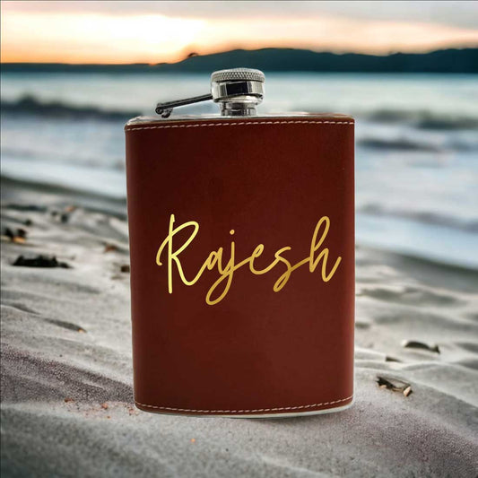 Brown Personalized Leather Hip Flask With Name Stylish Alcohol Flasks For Men