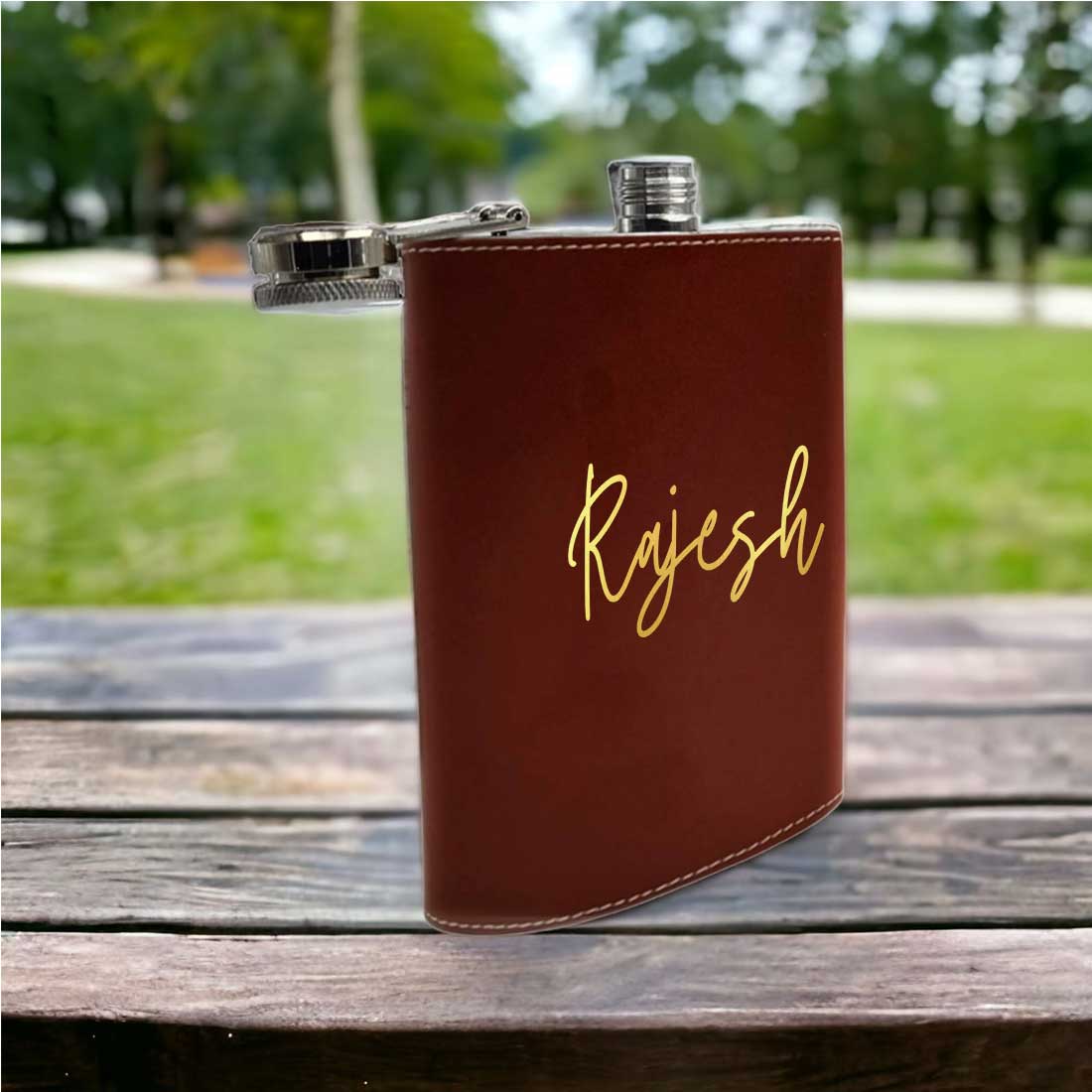 Brown Personalized Leather Hip Flask With Name Stylish Alcohol Flasks For Men
