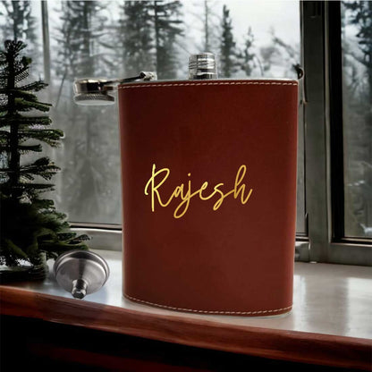 Brown Personalized Leather Hip Flask With Name Stylish Alcohol Flasks For Men