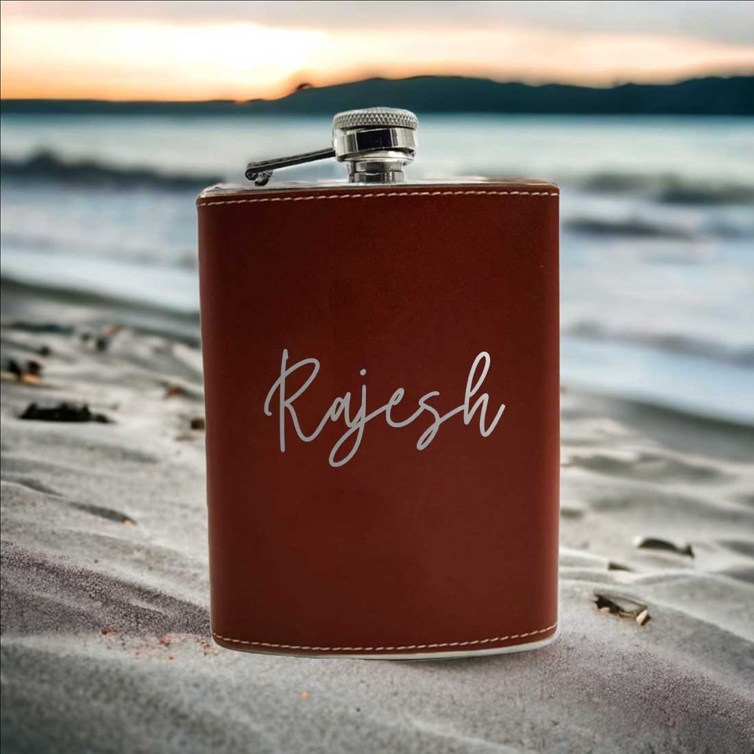 Brown Personalized Leather Hip Flask With Name Stylish Alcohol Flasks For Men 