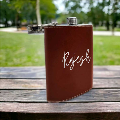 Brown Personalized Leather Hip Flask With Name Stylish Alcohol Flasks For Men