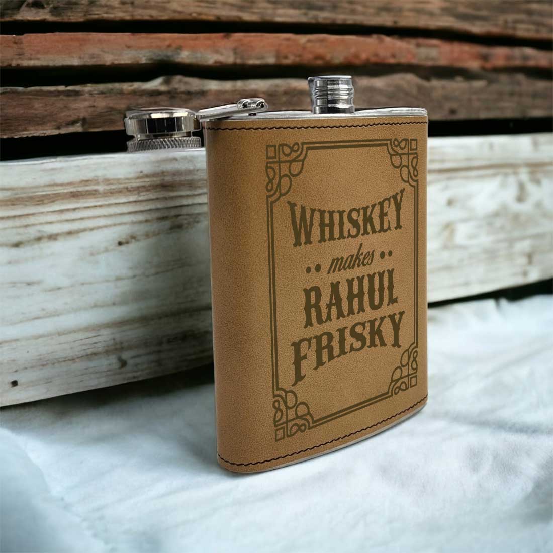 Personalized Faux Leather Wrapped Hip Flask With Funnel Engraved Whiskey Flasks