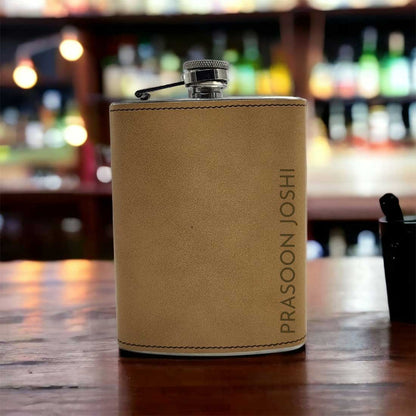 Brown Customized Faux Leather Engraved Hip Flask 