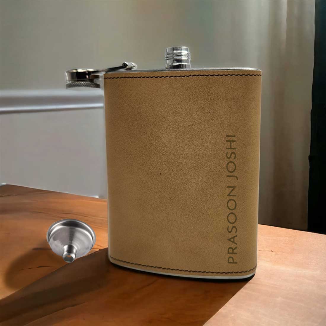 Brown Customized Faux Leather Engraved Hip Flask With Funnel