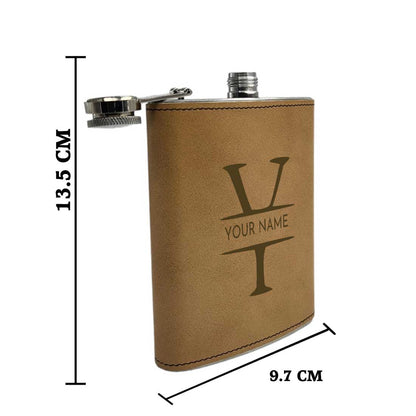 Personalized Faux Leather Hip Flask With Monogram Name Engraved Brown 