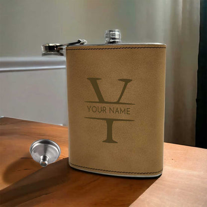 Personalized Faux Leather Hip Flask With Monogram Name Engraved Alcohol Flask Brown Tan