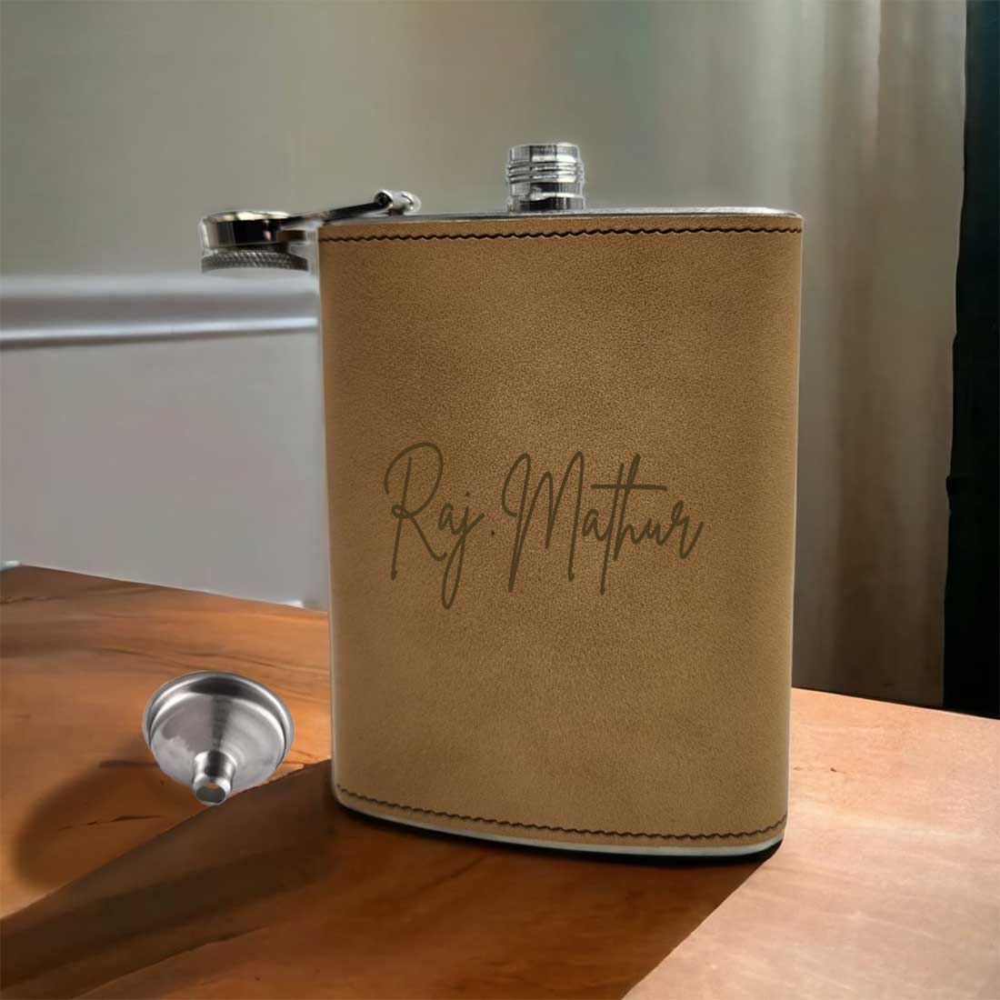 Browm Faux Leather Alcohol Flask With Funnel Engraved Hip Flasks