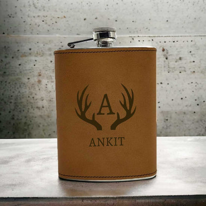 Brown Personalized Faux Leather Hip Flask With Funnel And Monogram Name