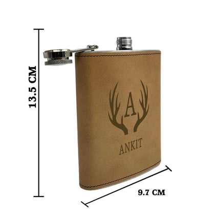 Brown Personalized Faux Leather Hip Flask With Funnel And Monogram Name