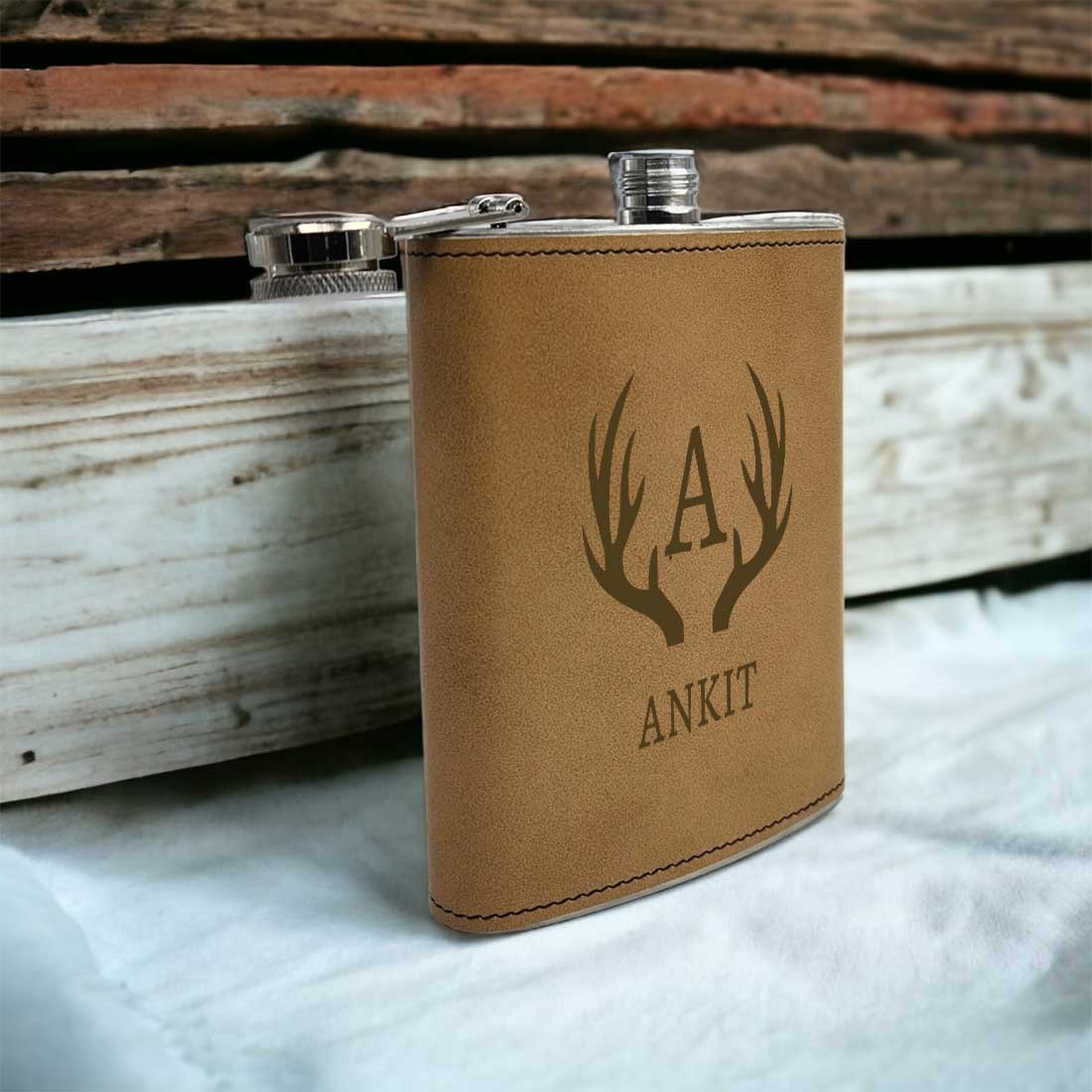 Brown Personalized Faux Leather Hip Flask With Funnel And Monogram Name