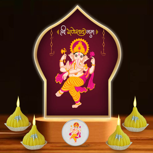 Ganesh Light Idol For Home With Silver Coin, Modak Candles & Lamp; - Ganesh Chaturti Gifts