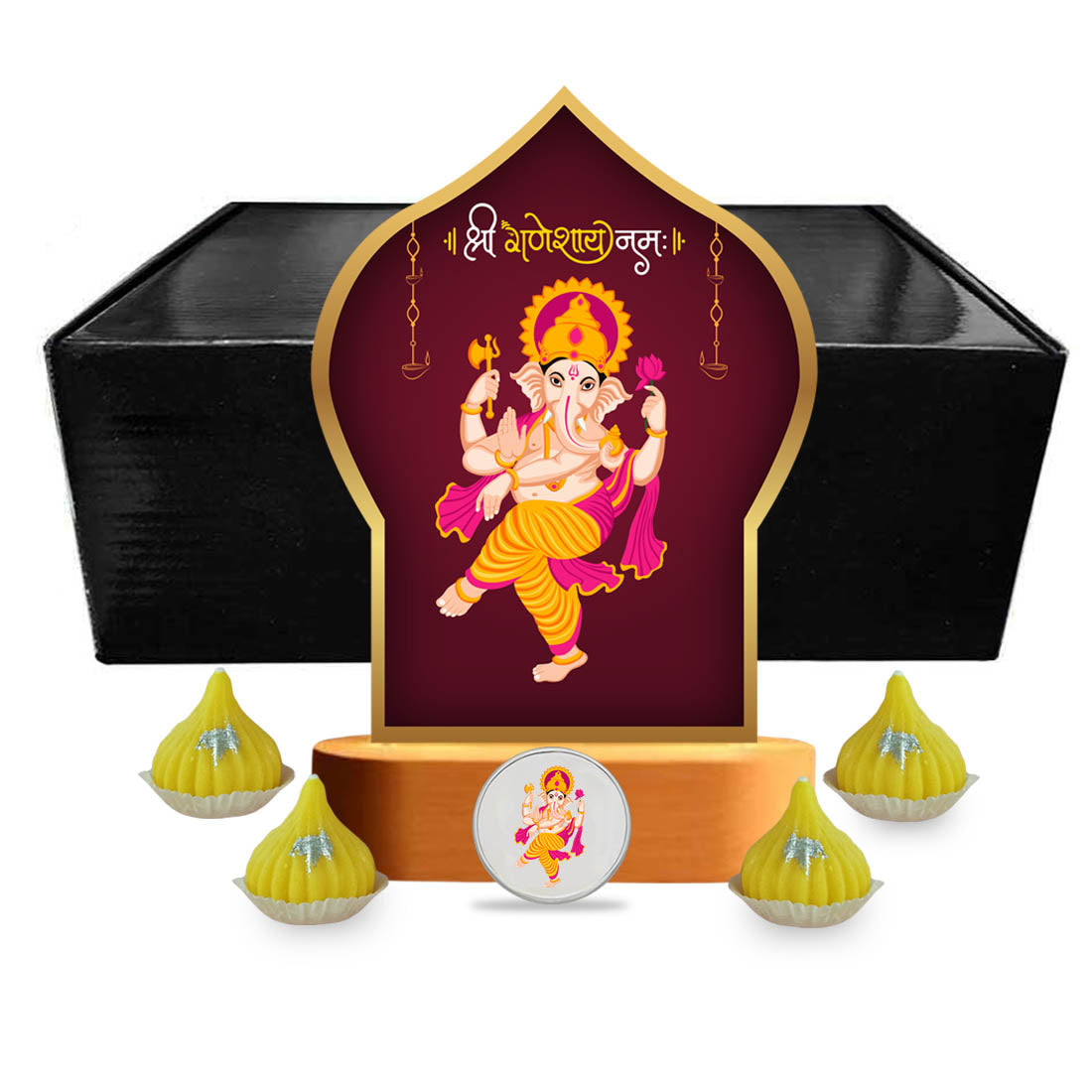 Ganesh Light Idol For Home With Silver Coin, Modak Candles & Lamp; - Ganesh Chaturti Gifts