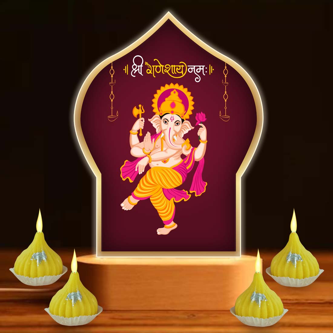 Ganesh Light Idol For Home With Silver Coin, Modak Candles & Lamp; - Ganesh Chaturti Gifts