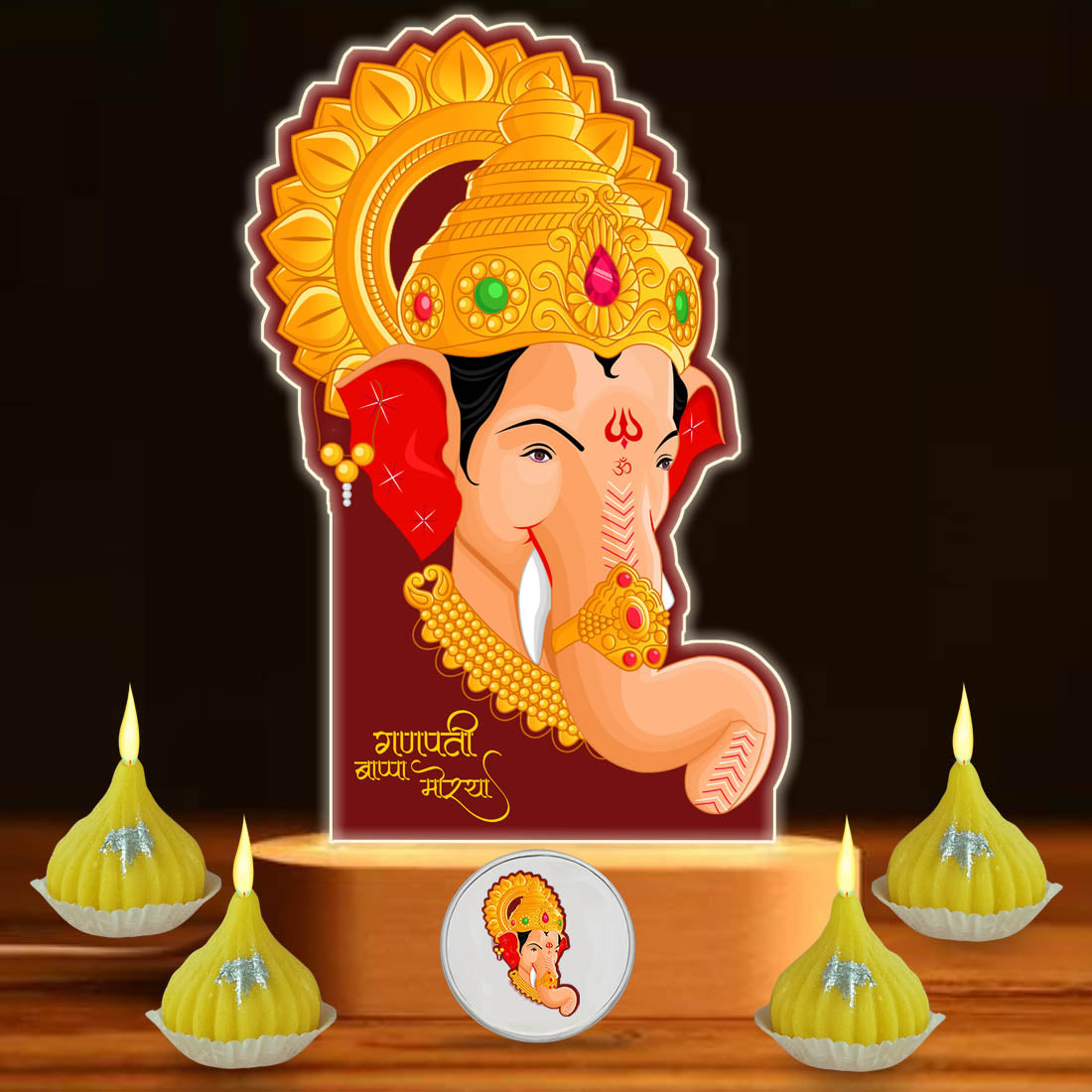 Ganpati LED Light Idol For Home With Silver Coin, Modak Candles & Lamp; - Ganesh Chaturti Gifts