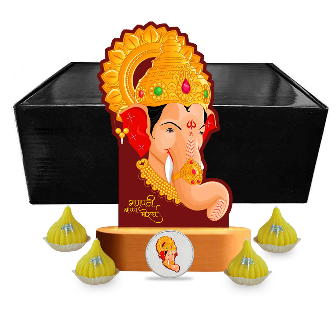 Ganpati LED Light Idol For Home With Silver Coin, Modak Candles & Lamp; - Ganesh Chaturti Gifts