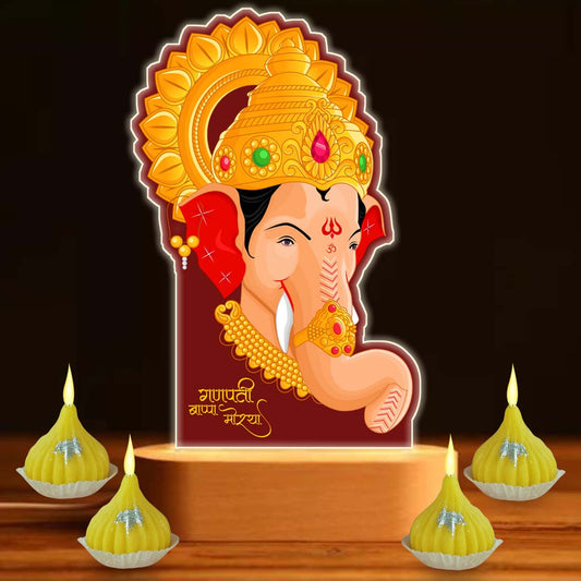 Ganpati LED Light Idol For Home With Silver Coin, Modak Candles & Lamp; - Ganesh Chaturti Gifts