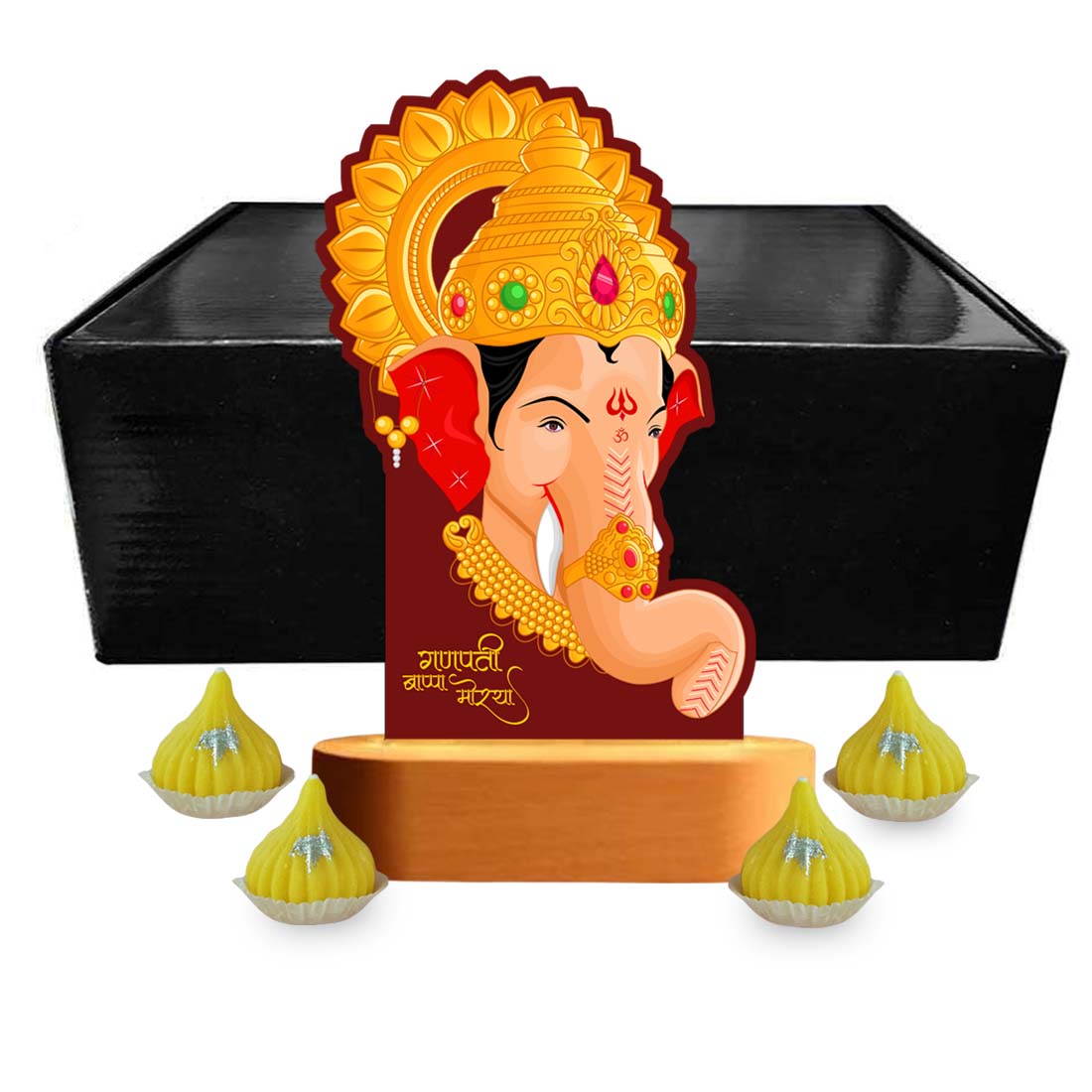 Ganpati LED Light Idol For Home With Silver Coin, Modak Candles & Lamp; - Ganesh Chaturti Gifts