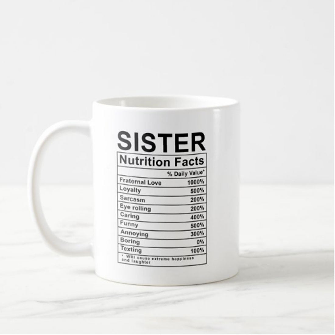 Coffee Tea Cup For Sister -Funny Ceramic White Mug 330 ML- Nutrition Facts