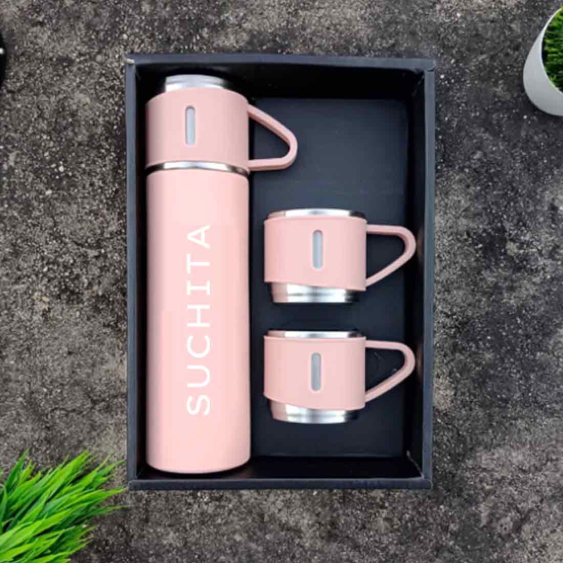 Personalised Travel Mug Thermos With 2 Cups Gift Box Set Add Name