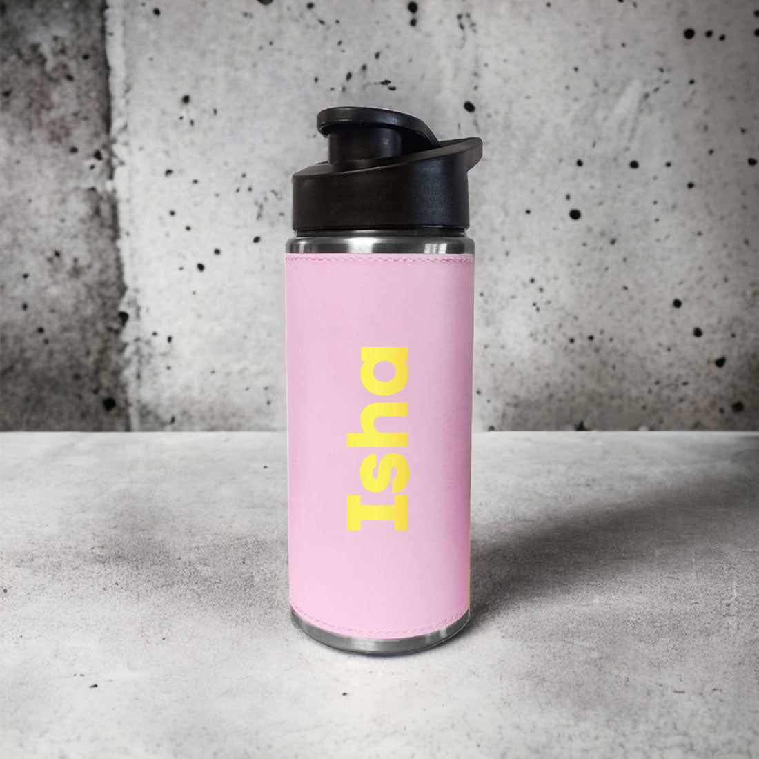 Personalised Pink Water Bottle With Name Pu Leather Stainless Steel Sipper Bottle For Girls (Gold & Silver)