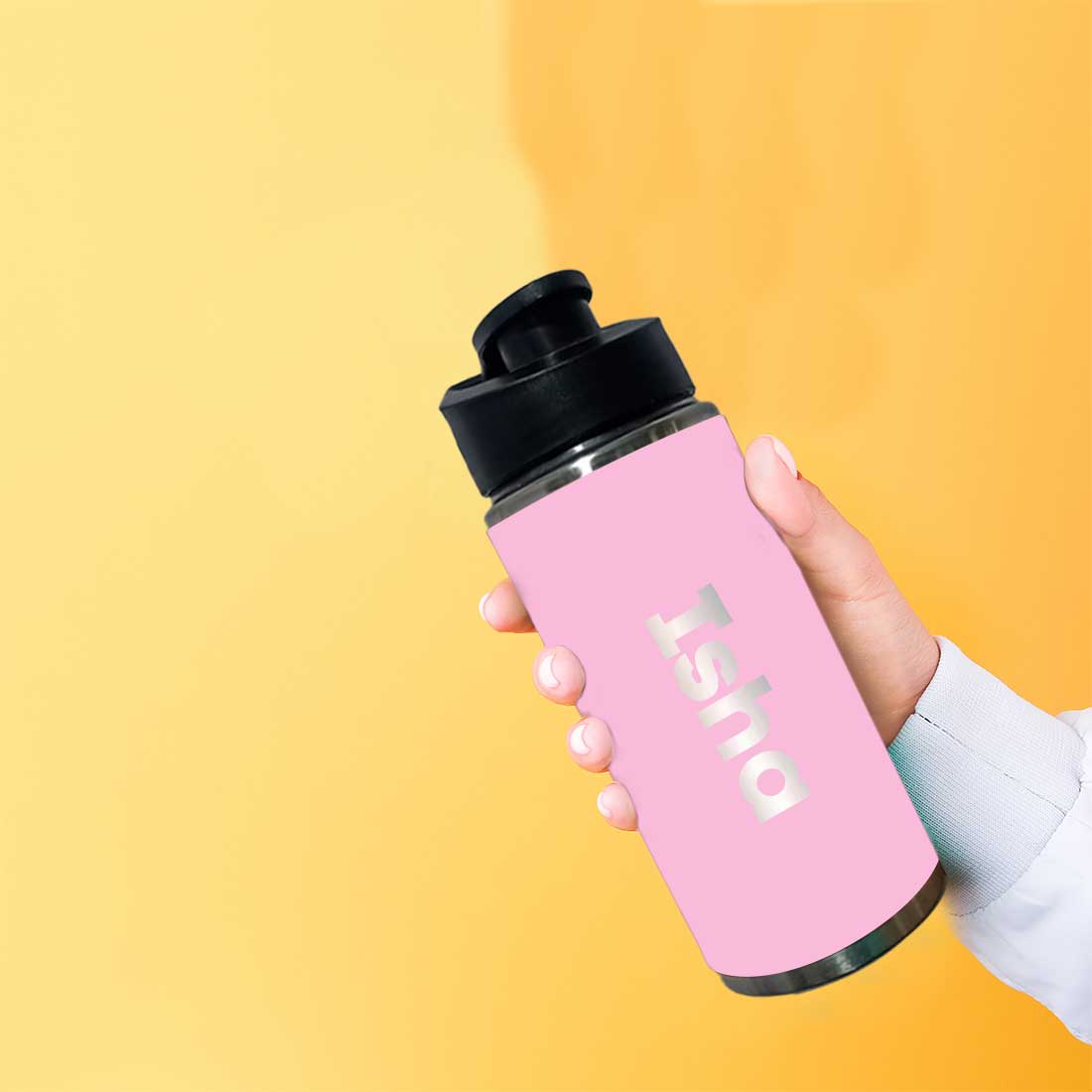 Personalised Pink Water Bottle With Name Pu Leather Stainless Steel Sipper Bottle For Girls (Gold & Silver)