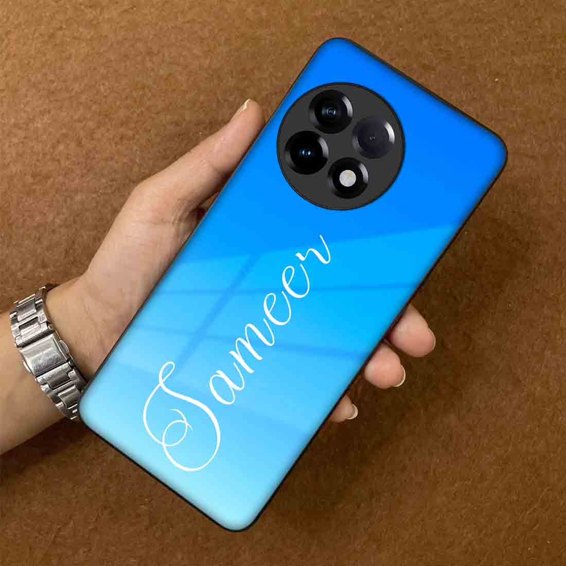 Custom One Plus 11R Back Case Sky Blue Back Cover With Name