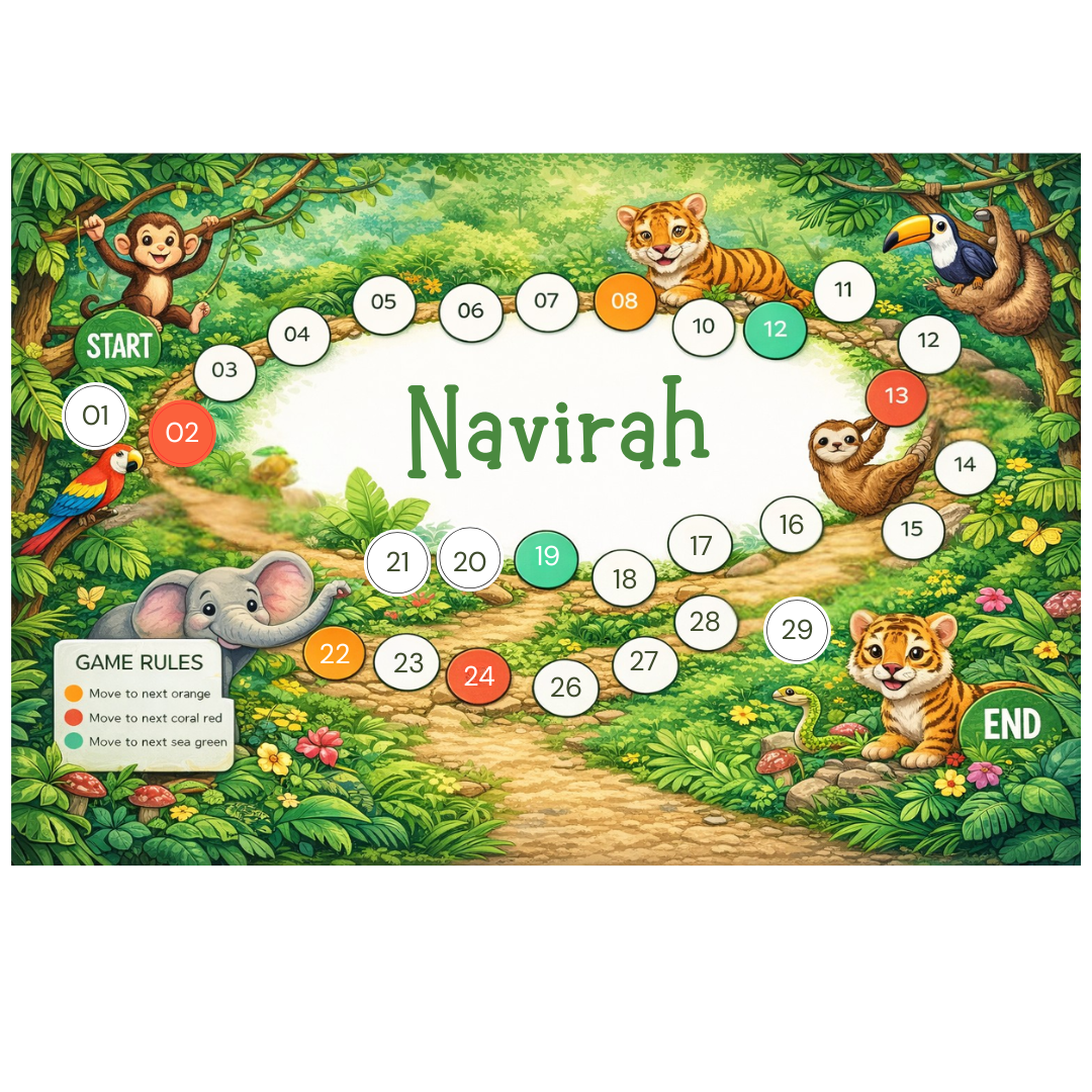 Personalized Table mat for Girls Board Game Design With Dice & Pieces - Jungle