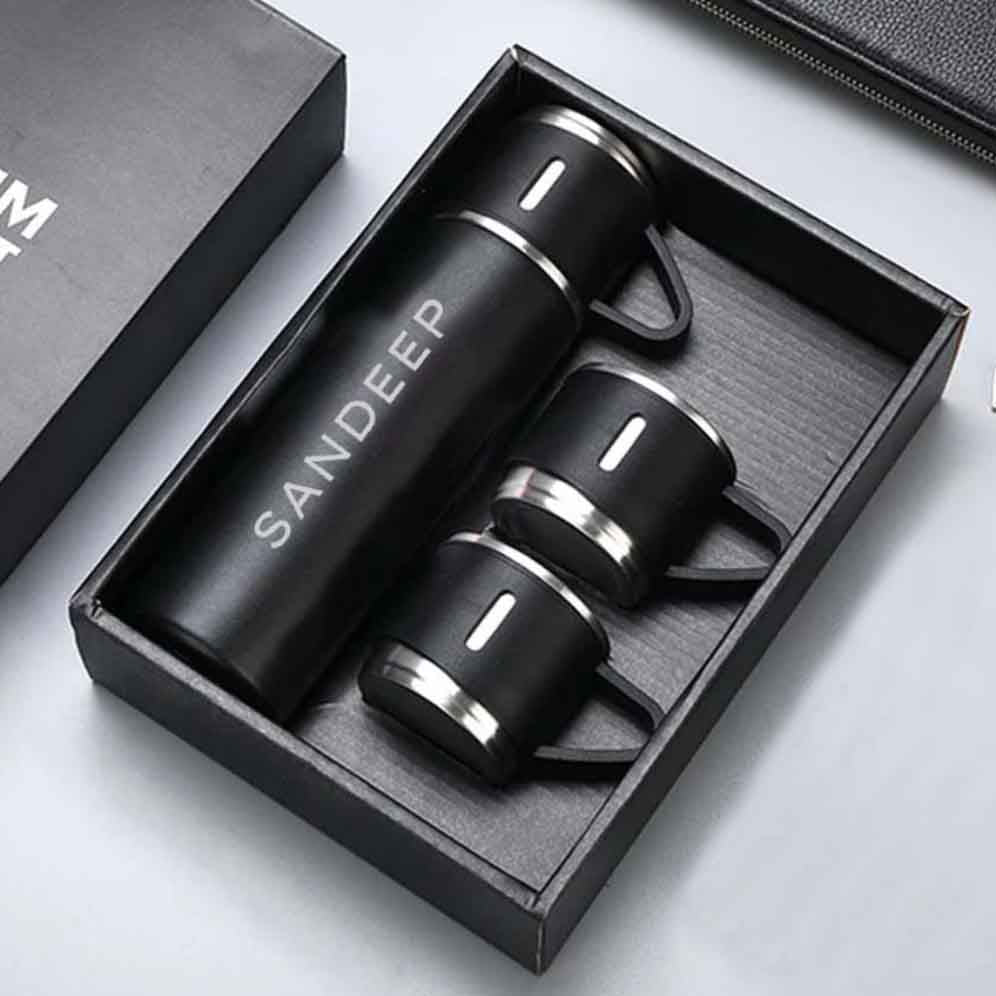 Personalised Travel Mug Thermos With 2 Cups Gift Box Set - Add Name