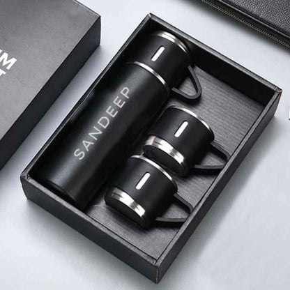 Personalised Travel Mug Thermos With 2 Cups Gift Box Set - Add Name