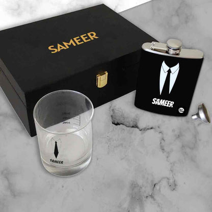 Personalized Whiskey Glass Hip Flask Gift Set Box - Suit Up