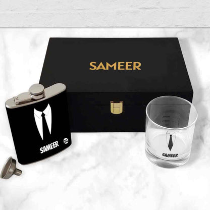 Personalized Whiskey Glass Hip Flask Gift Set Box - Suit Up