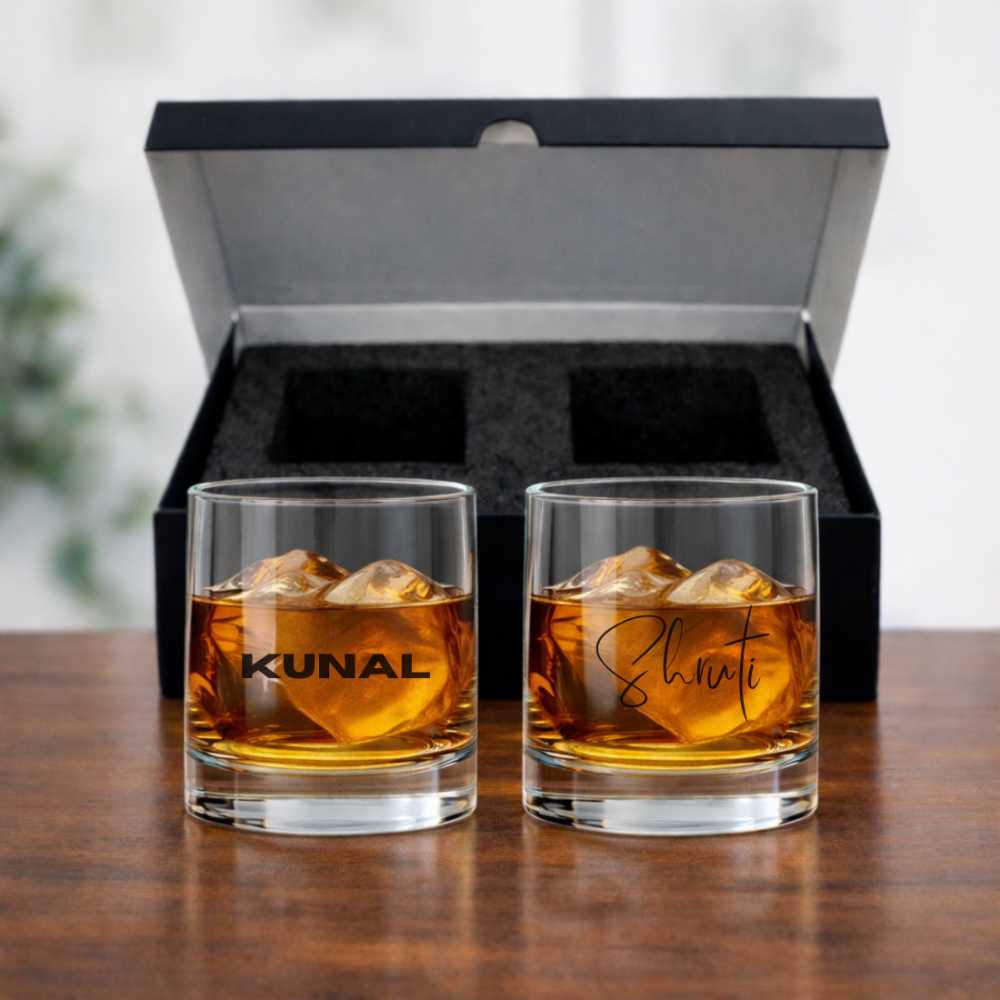 Personalized Whiskey Glasses with Premium Box - Set of 2 Alcohol Glass with Name