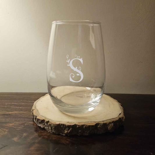 Custom Stemless Wine Glass with Initial Engraved on Cocktail / Whiskey Glass