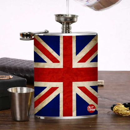 Designer Hip Flask 8oz- Nutcase - Free Funnel Along-Vintage Union Jack British Flag
