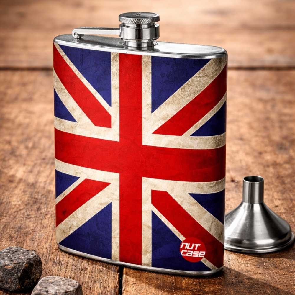Designer Hip Flask 8oz- Nutcase - Free Funnel Along-Vintage Union Jack British Flag