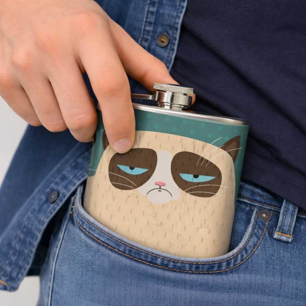 Hip Flask - Stainless Steel Flask -  Sad Cat